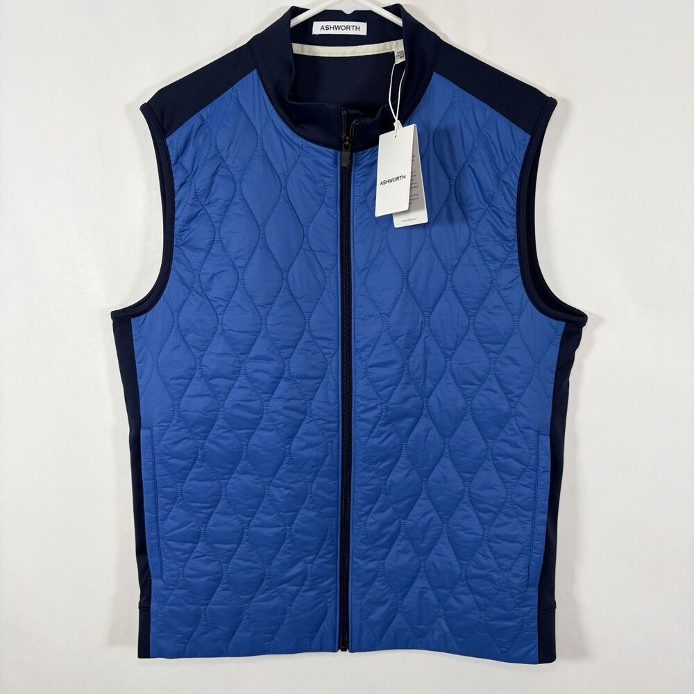 Ashworth Full Zip Quilted Golf Vest Mens Size Medium Blue Navy Pockets NWT